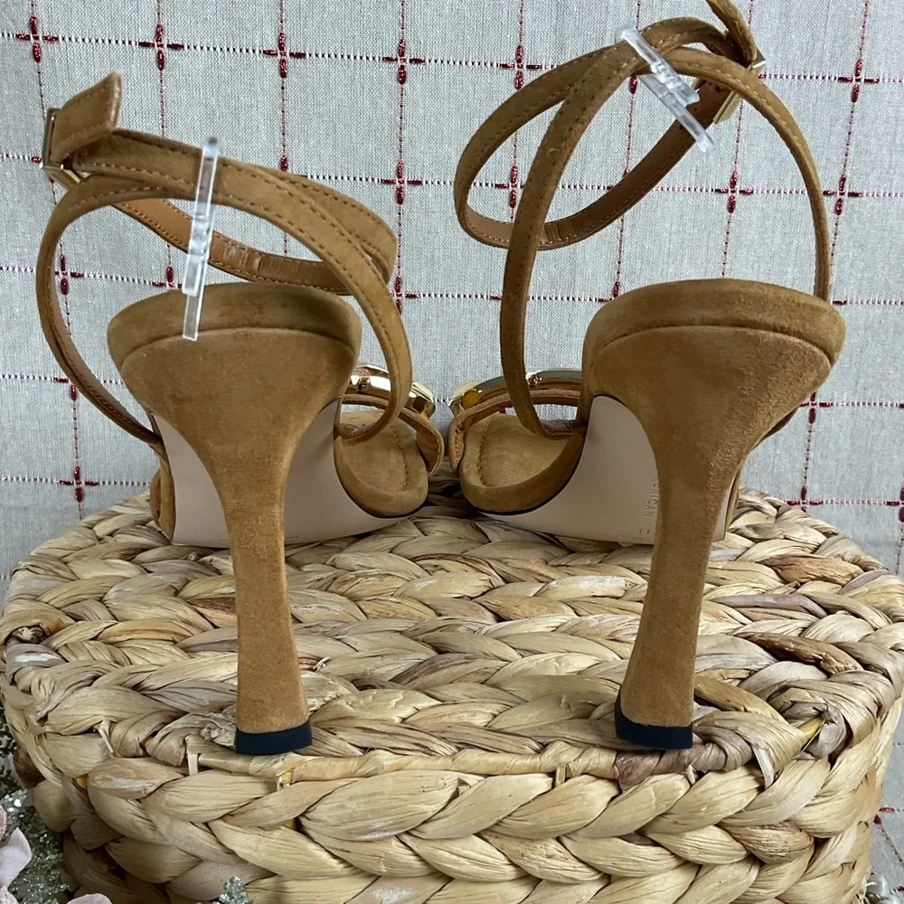 Good American Suede Single Strap Chain Heeled Sandals Amber Brown Sz 11 New - Picture 5 of 12